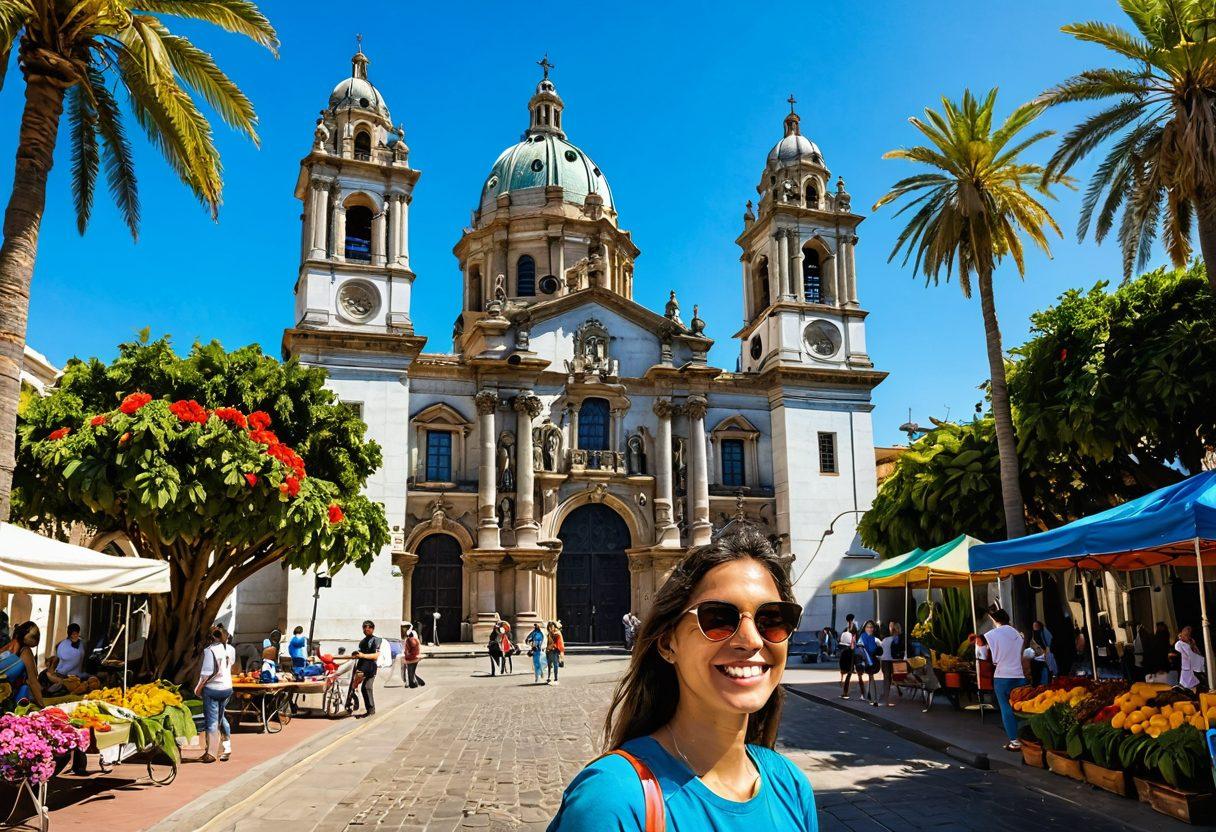 A vibrant collage of Santiago's historical landmarks like the Santiago Metropolitan Cathedral and colorful street markets, intertwined with lush tropical landscapes showcasing palm trees and vibrant flowers. A smiling traveler capturing the moment with a camera, hinting at adventure. Bright blue skies and warm sunlight casting inviting shadows. super-realistic. vibrant colors. white background.