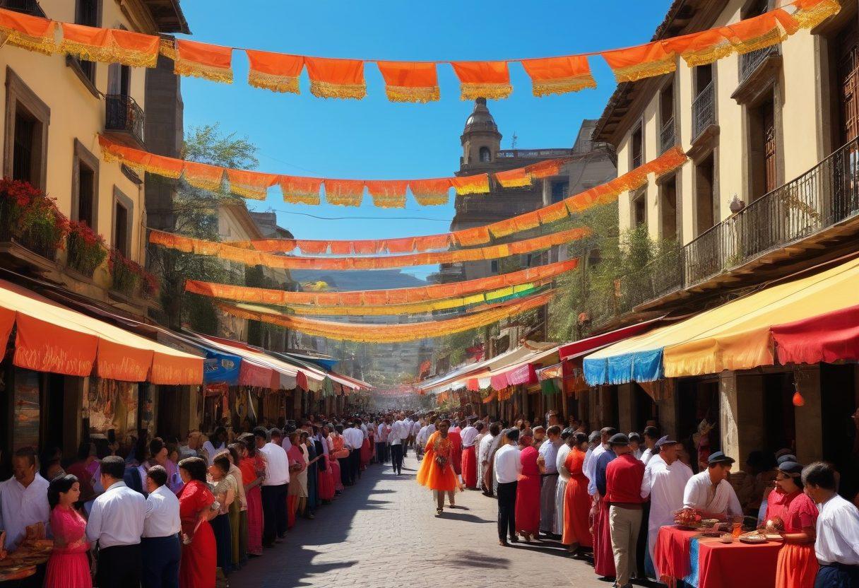 A vibrant street scene in Santiago, showcasing lively festivities with colorful banners and traditional dancers in festive attire, surrounded by tantalizing food stalls offering local delicacies. The backdrop includes iconic Santiago architecture, with a clear blue sky and cheerful crowds enjoying the celebration. Add rich colors and an inviting atmosphere to evoke the essence of Santiago's culture. super-realistic. vibrant colors. high detail.