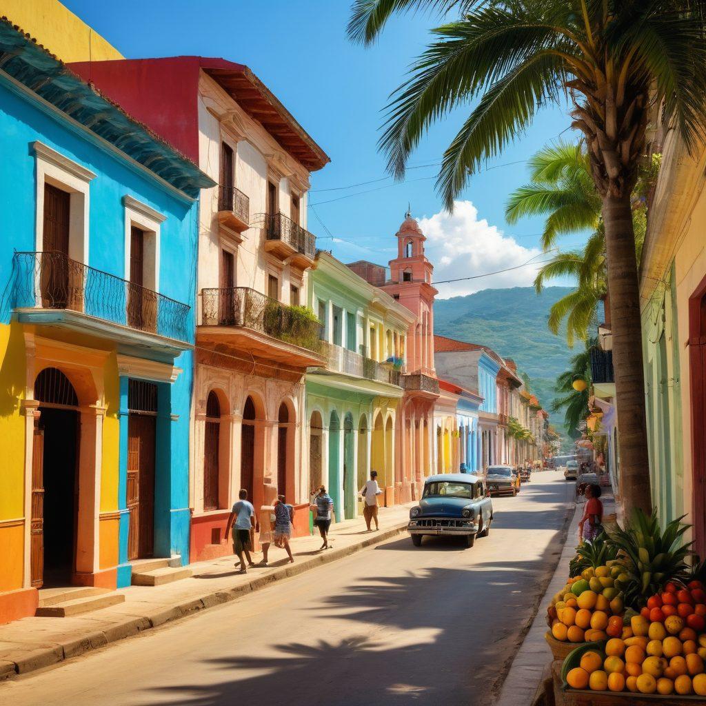 A vibrant street scene in Santiago de Cuba, showcasing colorful colonial buildings adorned with lively murals. Include joyful locals dancing to traditional music, with a market stall filled with fresh tropical fruits in the foreground. Capture the warm, sunny atmosphere with palm trees swaying gently in the background. Emphasize the cultural richness and spirit of adventure. super-realistic. vibrant colors.